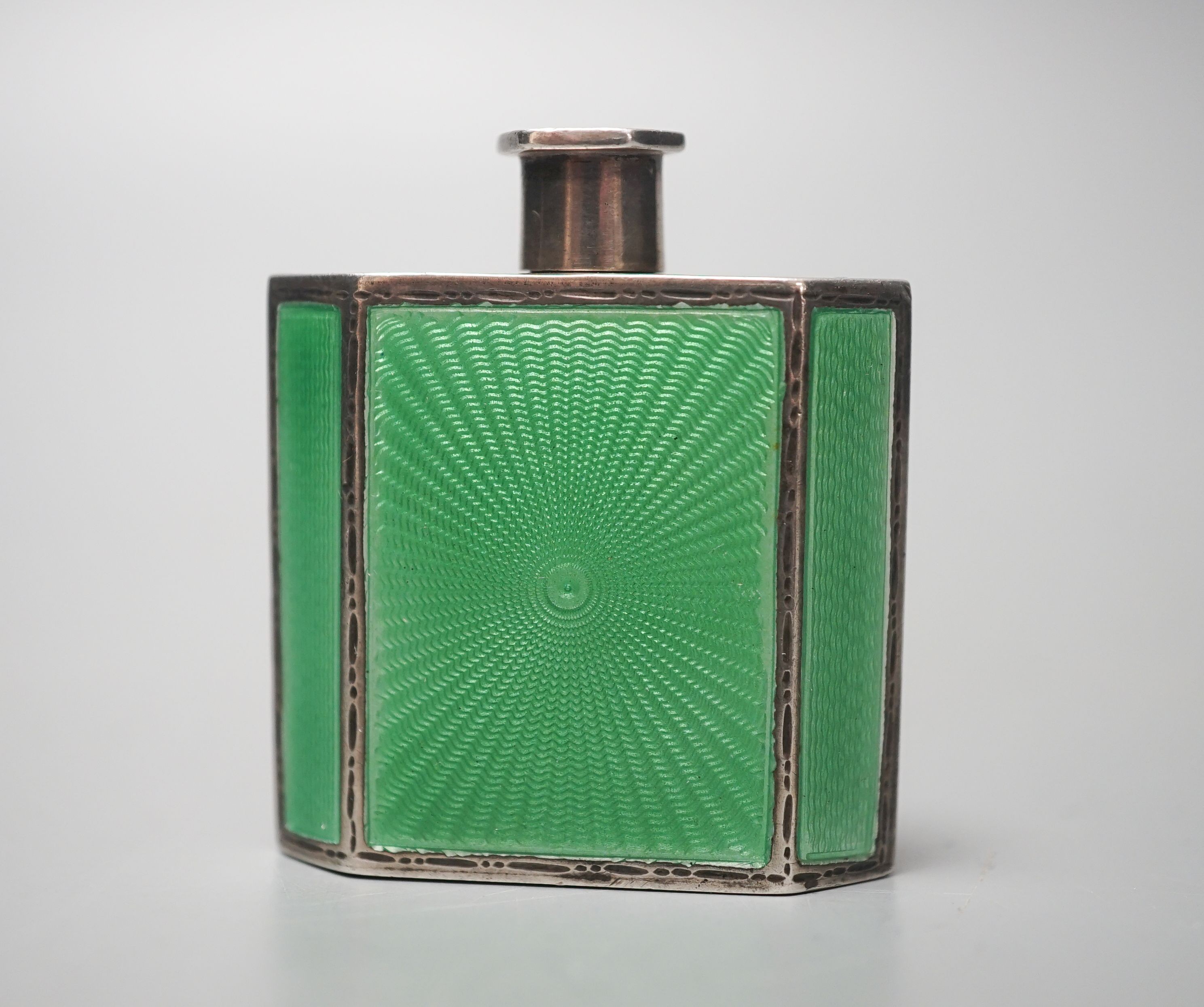 A 1930's silver and green enamel scent flask, by Mappin & Webb, 45mm.